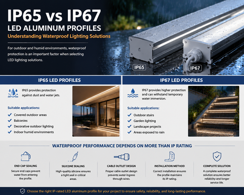 Últimos blogs de la empresa sobre Perfiles de Aluminio LED IP65 vs IP67: Comprendiendo Soluciones de Iluminación Impermeables