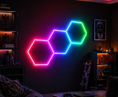 Sistema de iluminación hexagonal LED RGB modular conectable para taller de gimnasio de garaje y necesidades de iluminación de techos de oficinas