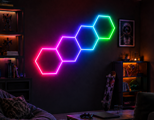 Un buen precio. Paneles de luz hexagonales LED RGB modulares perfectos para iluminación y decoración de techos de garajes, gimnasios, talleres y oficinas en línea