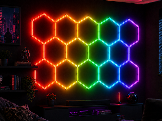 Un buen precio. RGB LED luz hexagonal modular panel de techo de panal de abejas sistema para iluminación flexible en garaje gimnasio taller y oficina en línea