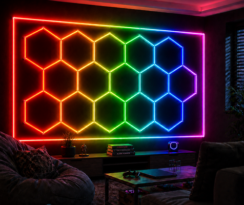 2026 Nueva luz LED hexagonal RGB de control remoto de 15 piezas, 24V IP20 para gimnasio, salón, garaje, bar, luz ambiental, lista para CE