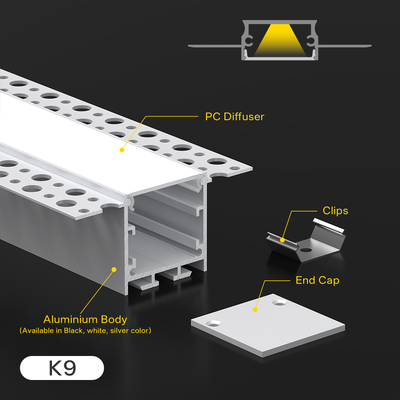 Perfiles de aleación de aluminio serie 6000 K&C Luminarias lineales LED para techo y pared, canal extruido empotrado cerrado K9
